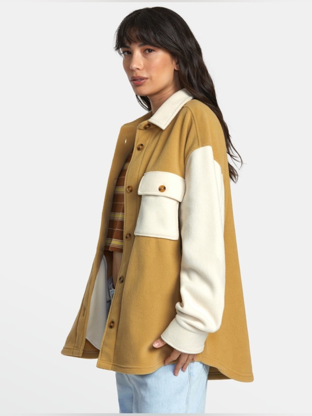 RVCA Birdie Polar Fleece Shacket Shirt, Tan & Cream, Soft Oversized, Women’s L
